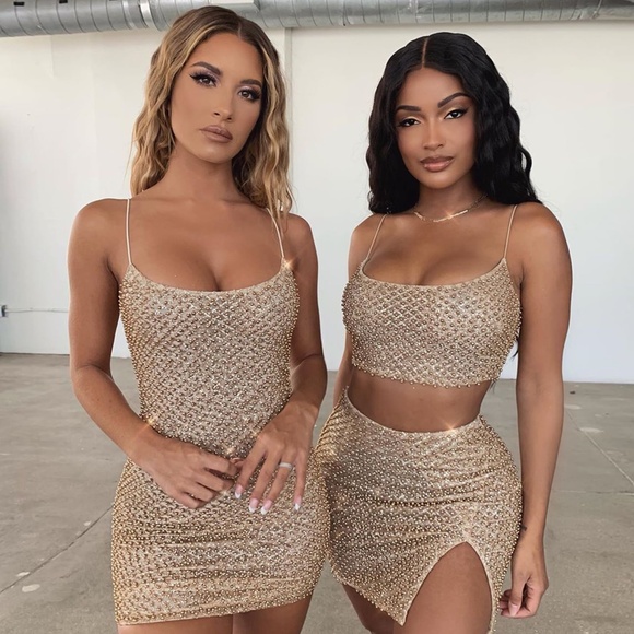 Oh Polly Drop a Glint Embellished Mini Skirt and Crop Top in Gold - Picture 1 of 6